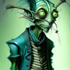 Fantastical creature with green skin, large eyes, horns, and striped clothing