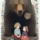 Detailed illustration of giant bear, two smaller bears, Victorian-era children, flora, and mushrooms