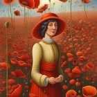 Woman in red dress and wide-brimmed hat in vibrant poppy field under cloudy sky