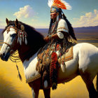 Traditional Native American chief on paint horse in prairie landscape