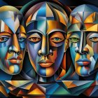 Vibrant Cubist Painting with Abstract Human Faces in Blue and Orange