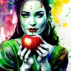 Colorful illustration: Woman with red apple, blue eyes, wavy hair