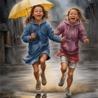 Two girls sharing an umbrella walking in the rain with colorful clothing