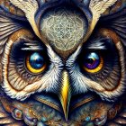 Intricately designed owl artwork with vibrant blue eyes and golden patterns