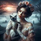 Woman in vintage dress with floral adornments holding Siamese cat in mystical forest at dusk