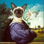 Siamese cat with blue eyes in golden lace collar amid fantasy landscape