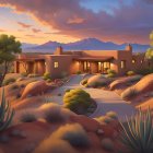 Tranquil desert sunset with adobe house and cacti