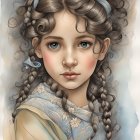 Illustrated portrait of young girl with curly hair and headband in soft colors