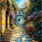 Colorful stairway painting with lush flora and cozy cottage under twilight sky