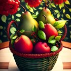 Fresh fruits in wicker basket on wooden table with grapes in background