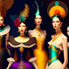 Five women in elaborate, colorful costumes with intricate designs and feathered headpieces