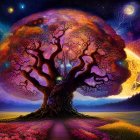 Vivid fantasy landscape with giant tree, red flowers, starry sky