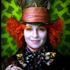 Smiling man in Mad Hatter costume with top hat and red hair