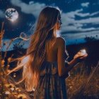 Woman with long hair in starlit field under multiple moons.