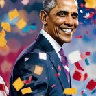 Colorful Confetti Surrounds Smiling Man in Suit With American Flag