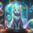 Whimsical cat in jar with magical bubbles on enchanting background