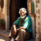 Elderly man smiling on sunny alleyway doorstep