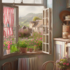 Country kitchen with rolling hills view, flowers, pottery, and fruits