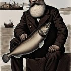 Bearded man in captain's hat with large fish by water and boats