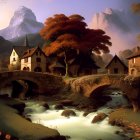 Tranquil autumn scene: old stone bridge over river with quaint houses and glowing sky