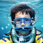 Child snorkeling in clear blue water with bubbles and sunlight.