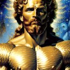 Majestic figure in golden armor on cosmic background