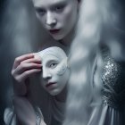 Fantasy characters with pale skin, white hair, and blue makeup in mystical pose