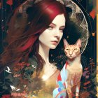 Red-haired woman with starry headscarf, winged creature, Sphinx cat, and cosmic background