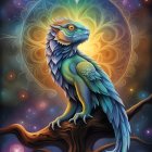 Colorful bird-lizard hybrid on branch in cosmic setting