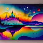 Colorful Landscape Painting with Mountains, Castle, Water Reflections & Starry Sky