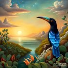 Colorful toucan on branch with sunset over lake