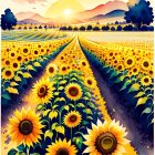 Sunflower fields painting with sunset and distant trees