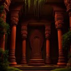 Intricate wooden pillars, lush greenery, golden doorway in ornate chamber