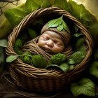 Newborn sleeping in wicker basket with green foliage and brown knitted hat