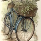 Vintage blue bicycle with wicker basket and flowers against lush green backdrop