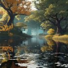 Tranquil landscape with waterfall, amber trees, calm river, lily pads, and vibrant flora