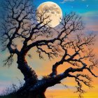 Surreal landscape with large tree, full moon, vibrant colors, and two people gazing upwards