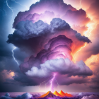 Dramatic cumulonimbus cloud over stormy sea with lightning strikes and vibrant sunset