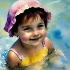 Smiling toddler in pink swim cap and yellow-striped outfit in clear water