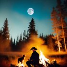 Person in cowboy hat by campfire with dog under starry night sky and full moon.