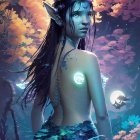 Blue-skinned mystical female figure surrounded by glowing marine life in underwater scene