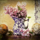 Ceramic vase with blooming lilacs, ornamental ball, draped fabric on wooden table by