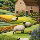 Country Scene: Sheep Grazing by Stone Cottage and Vibrant Flowers