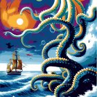 Colorful octopus art with ship in twilight ocean