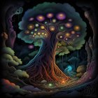 Fantasy painting of whimsical tree in enchanting forest