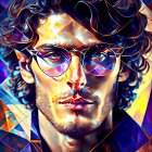 Colorful digital portrait of a man with reflective skin, curly hair, geometric patterns, and rainbow glasses