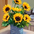 Sunflower bouquet in blue-striped vase on wooden surface