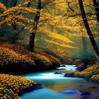 Vibrant forest scene with golden foliage, serene stream, and blooming orange flowers