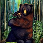 Mother bear lovingly hugs cub in forest scene with sunlight filtering through trees