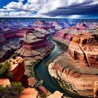 Grand Canyon landscape: Colorado River, red rock formations, cloudy sky